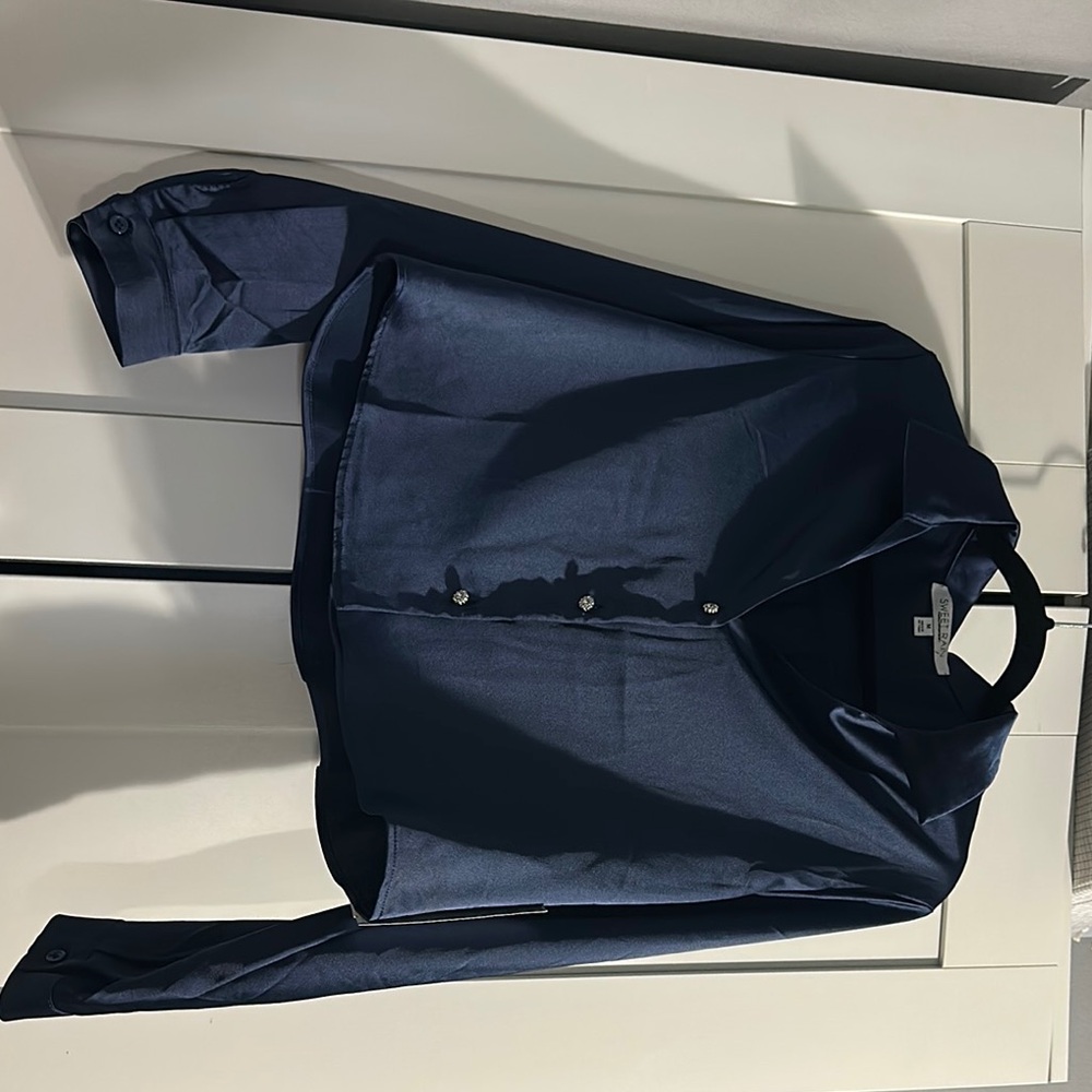 Navy Blue Satin Button-Up Blouse